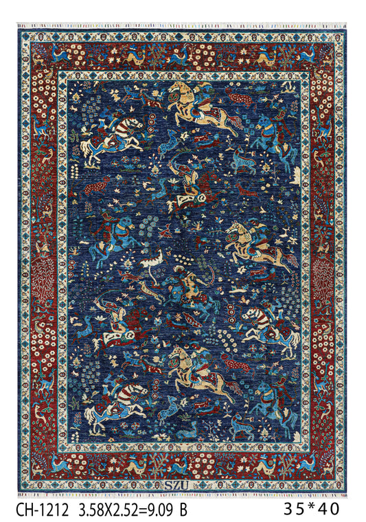 Hand-Knotted Afghan Shikargah Rug – Hunting Scene with Horsemen (9.02 square meters)